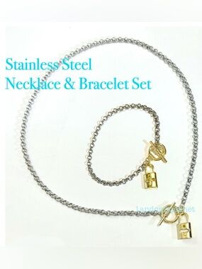 Last Set❣️Gold Lock Charm Necklace & Bracelet Stainless Steel ChainOR 915 Silver
